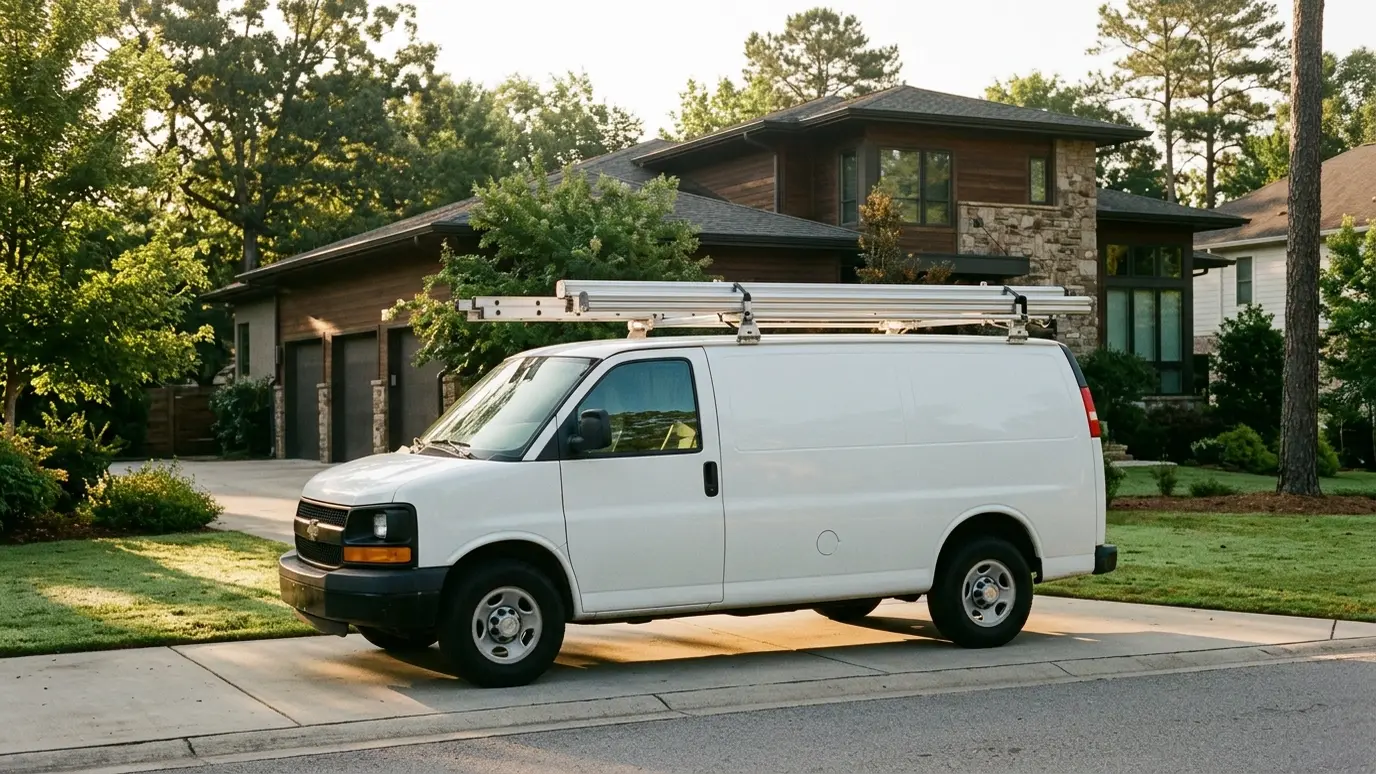 About Music City Patio Screen A white work van with a ladder rack carrying long aluminum screen housings parked in front of a modern Tennessee home in warm morning light