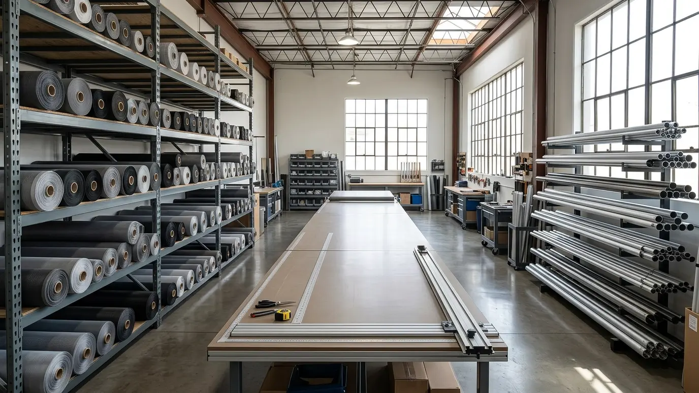 A tidy fabrication shop with tall racks of screen fabric rolls, a long cutting table and neat motor tubes in bright light