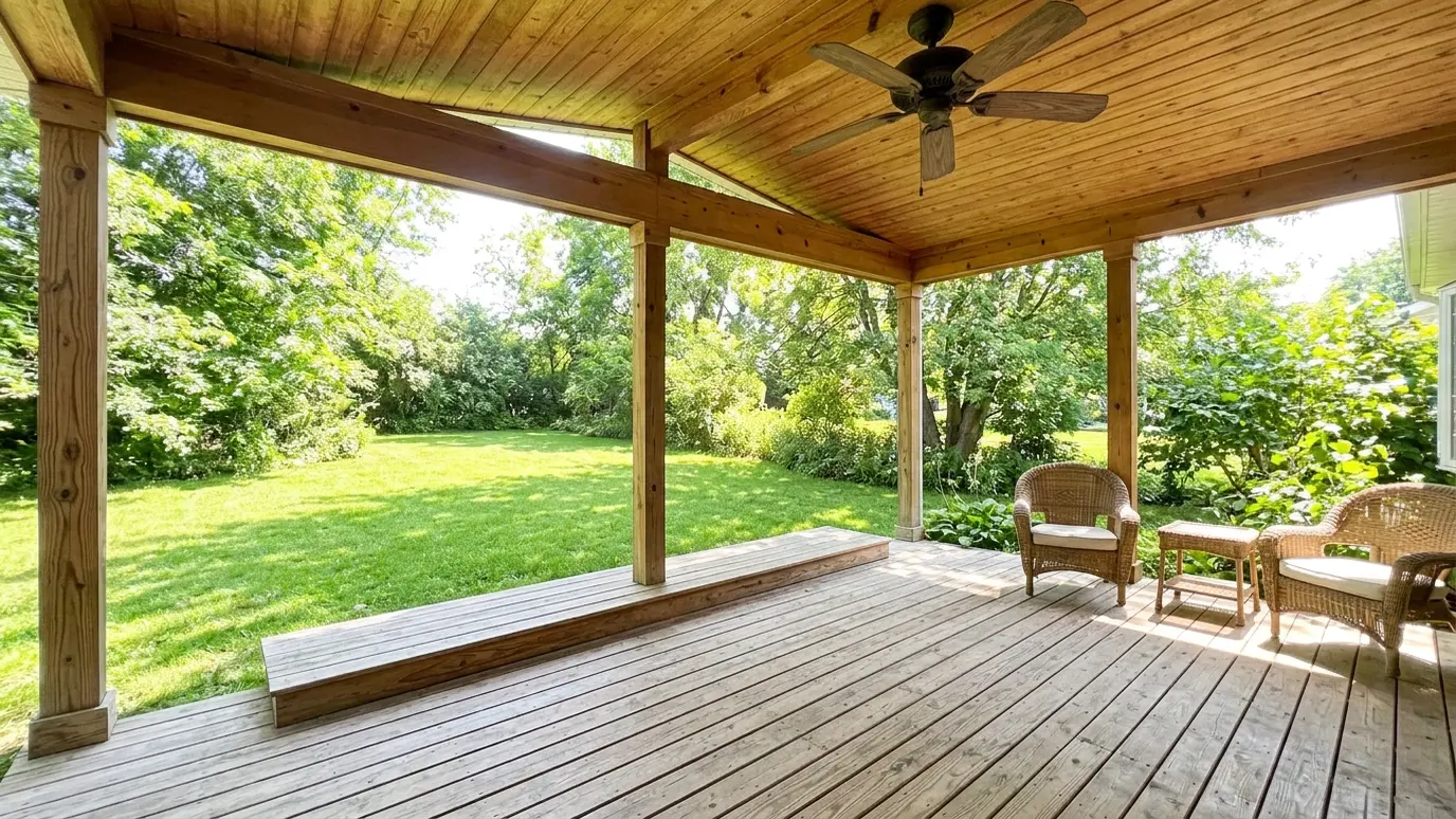 Before: a covered wooden deck with a covered deck with posts and a ceiling fan, open to the yard