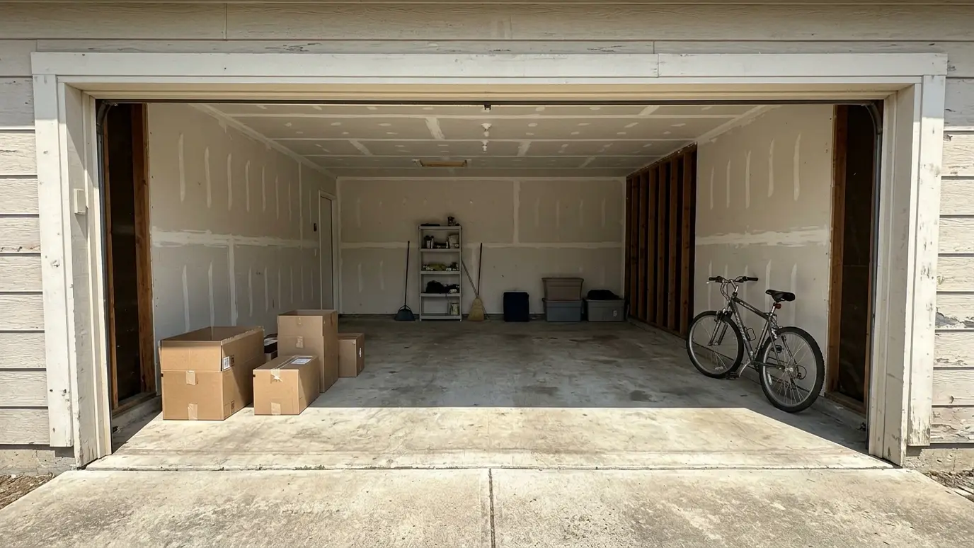 Before: a two-car garage with an open garage bay with boxes and a bicycle inside