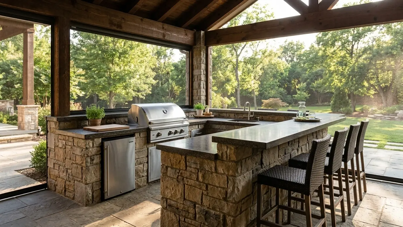 After: a covered outdoor kitchen with dark retractable screens lowered along the open side