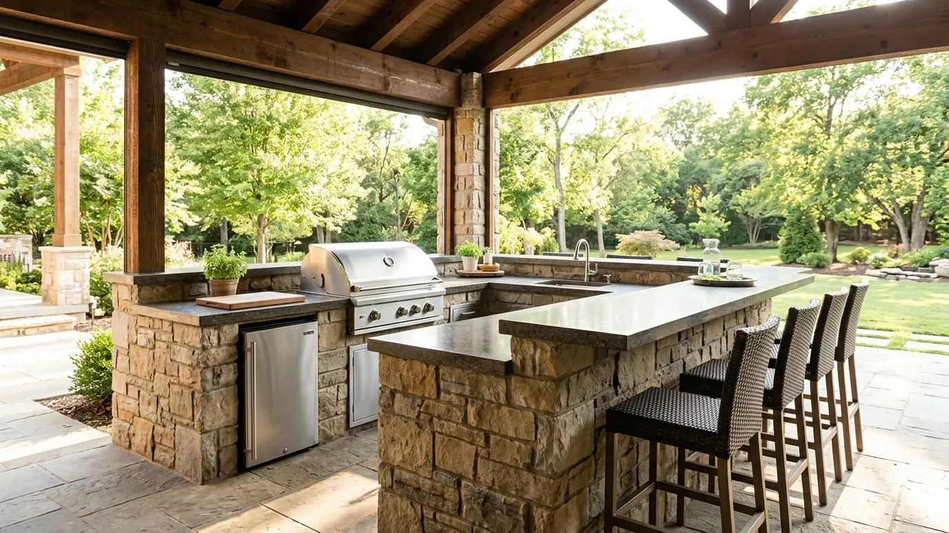 Before: a covered outdoor kitchen with an outdoor kitchen with a stone island and bar stools open to the yard