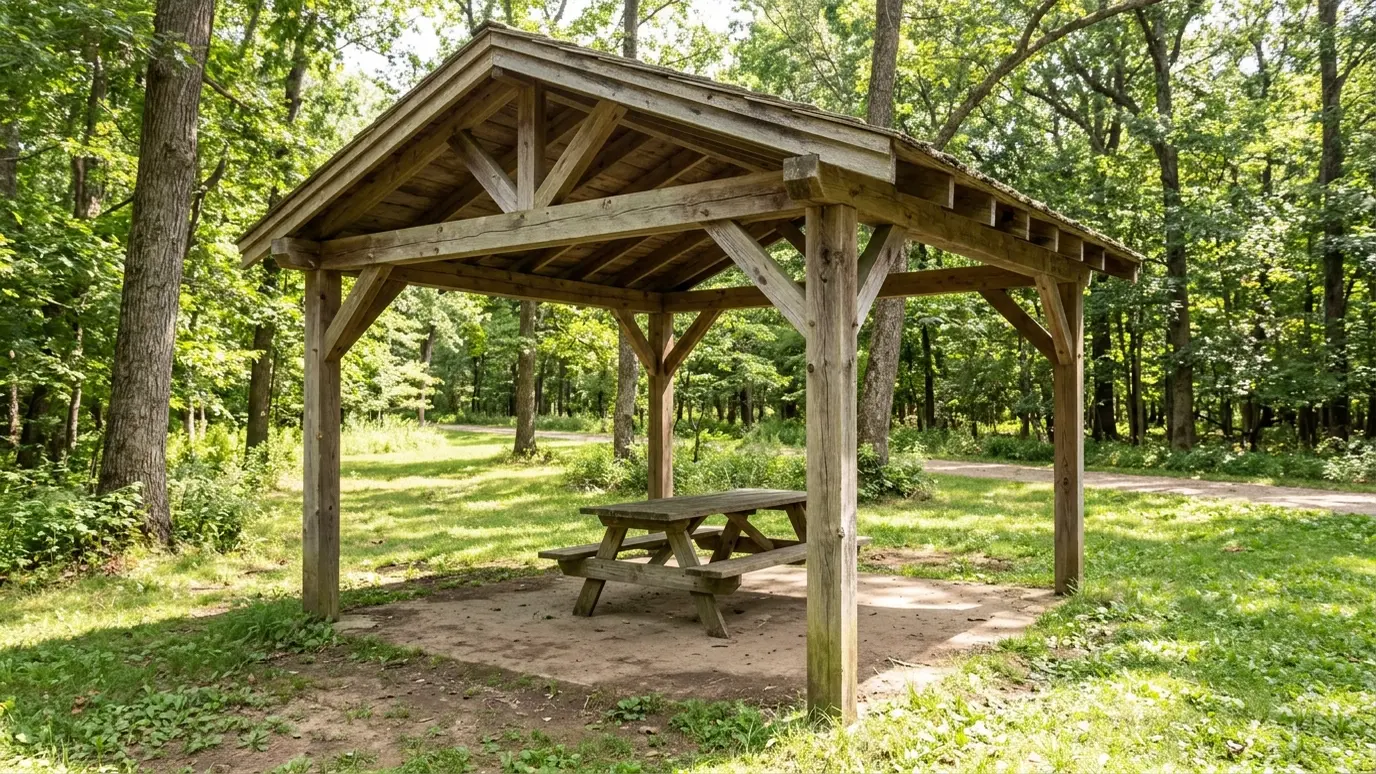 Before: a timber pavilion with a timber pavilion with a picnic table, open on every side