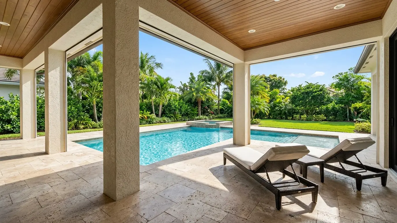 Before: a covered poolside patio with a covered pool patio with columns and lounge chairs and no screens