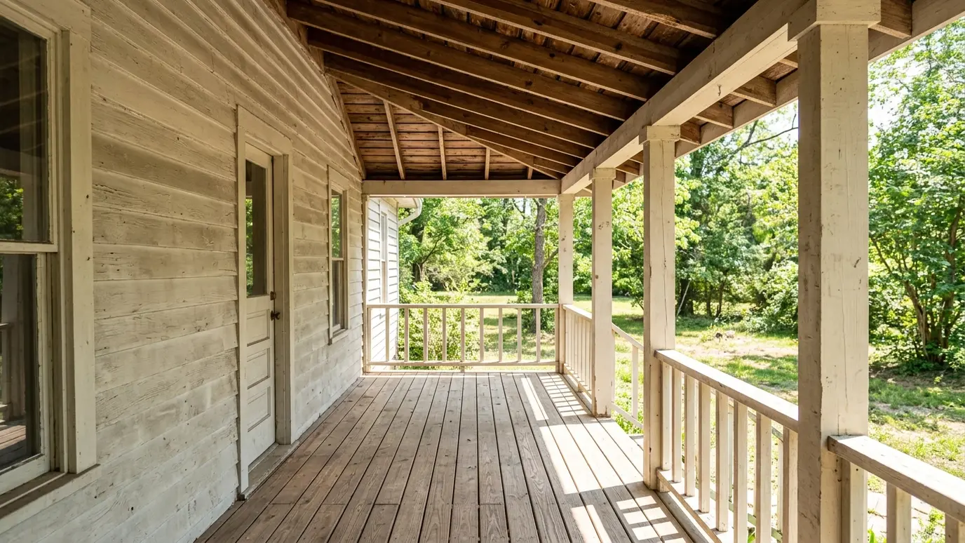 Before: a back porch with an open porch with plain posts and a bare ceiling