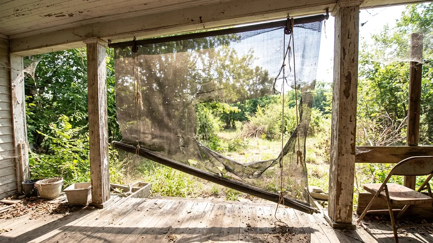 Before: a porch with a torn, sagging old roll-down screen hanging crookedly
