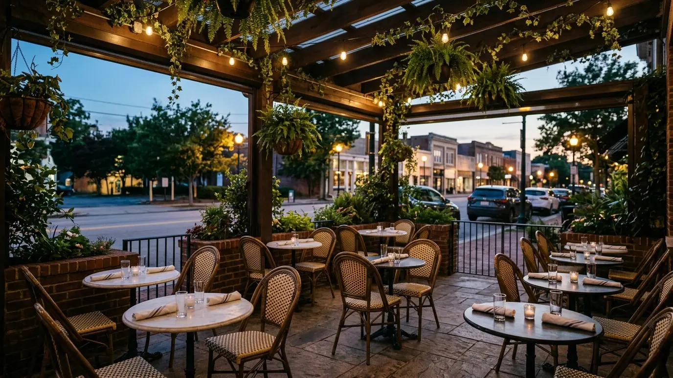 Before: a restaurant patio with a covered restaurant patio with bistro tables open to the street