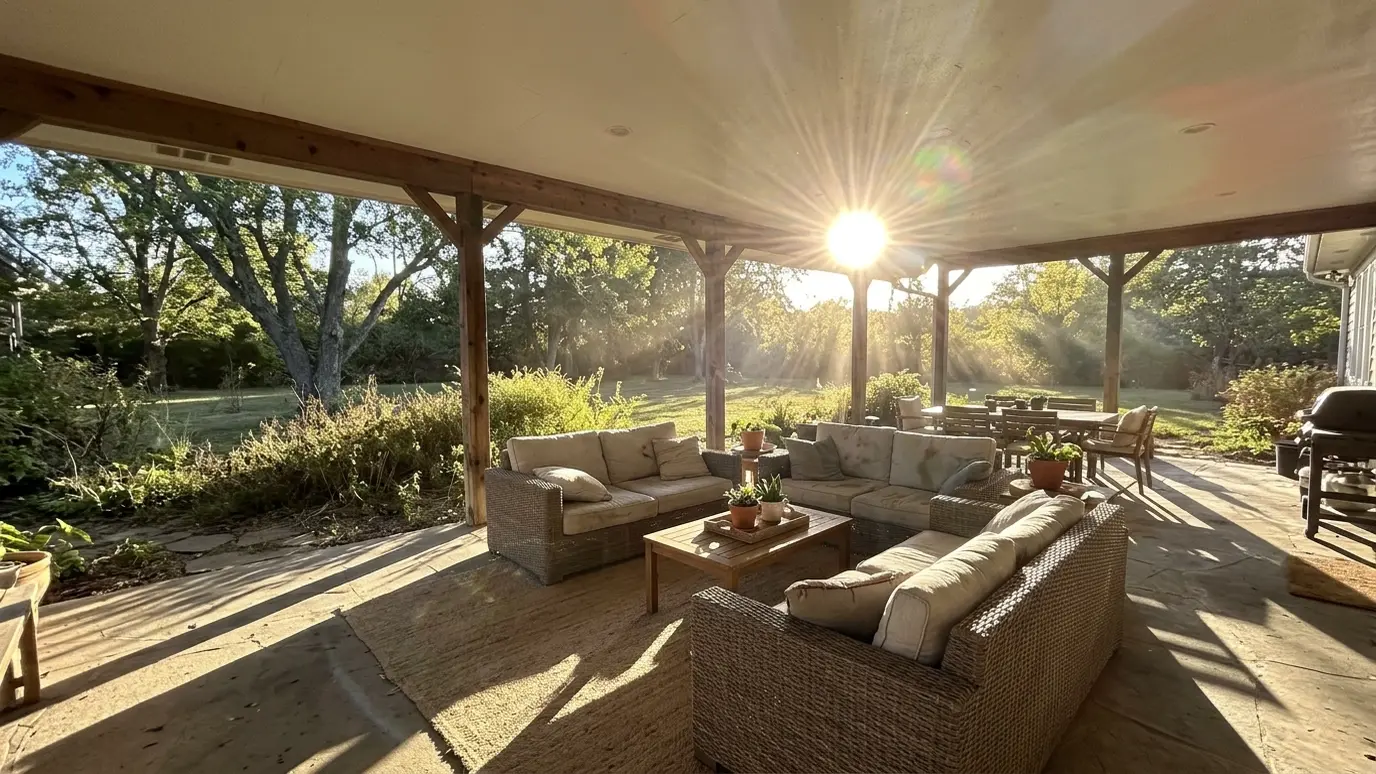 Before: a sunny covered patio with patio furniture in harsh afternoon sun and glare