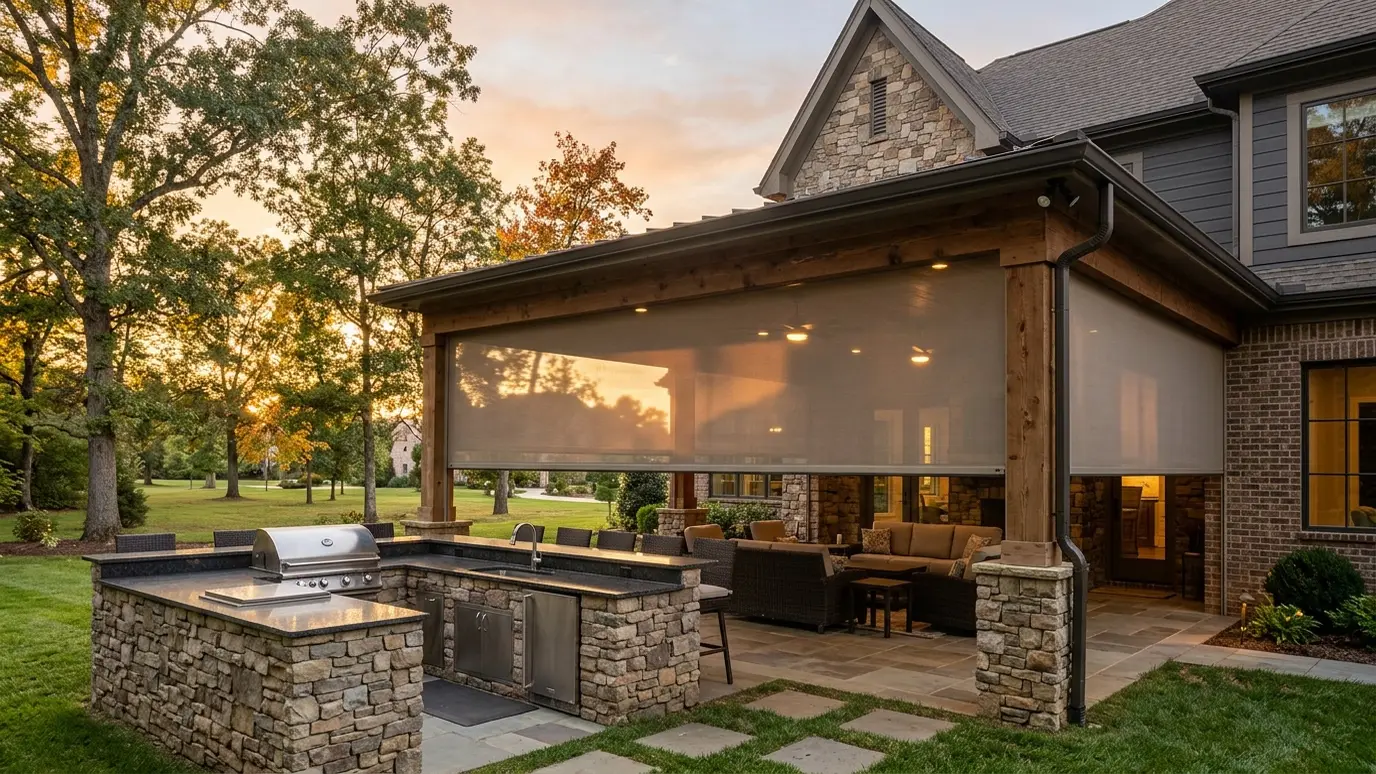 A Tennessee covered patio with motorized retractable screens in Brentwood