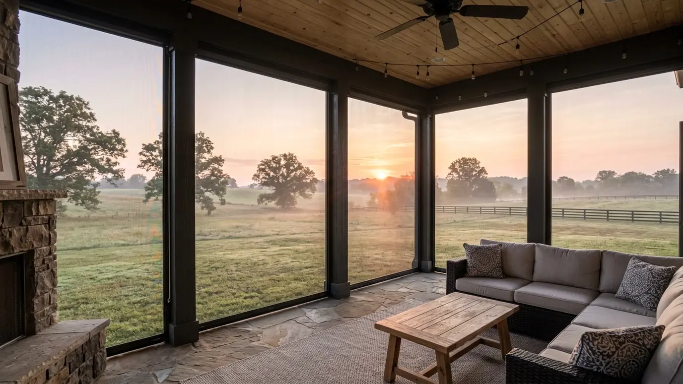 A Tennessee covered patio with motorized retractable screens in Thompsons Station