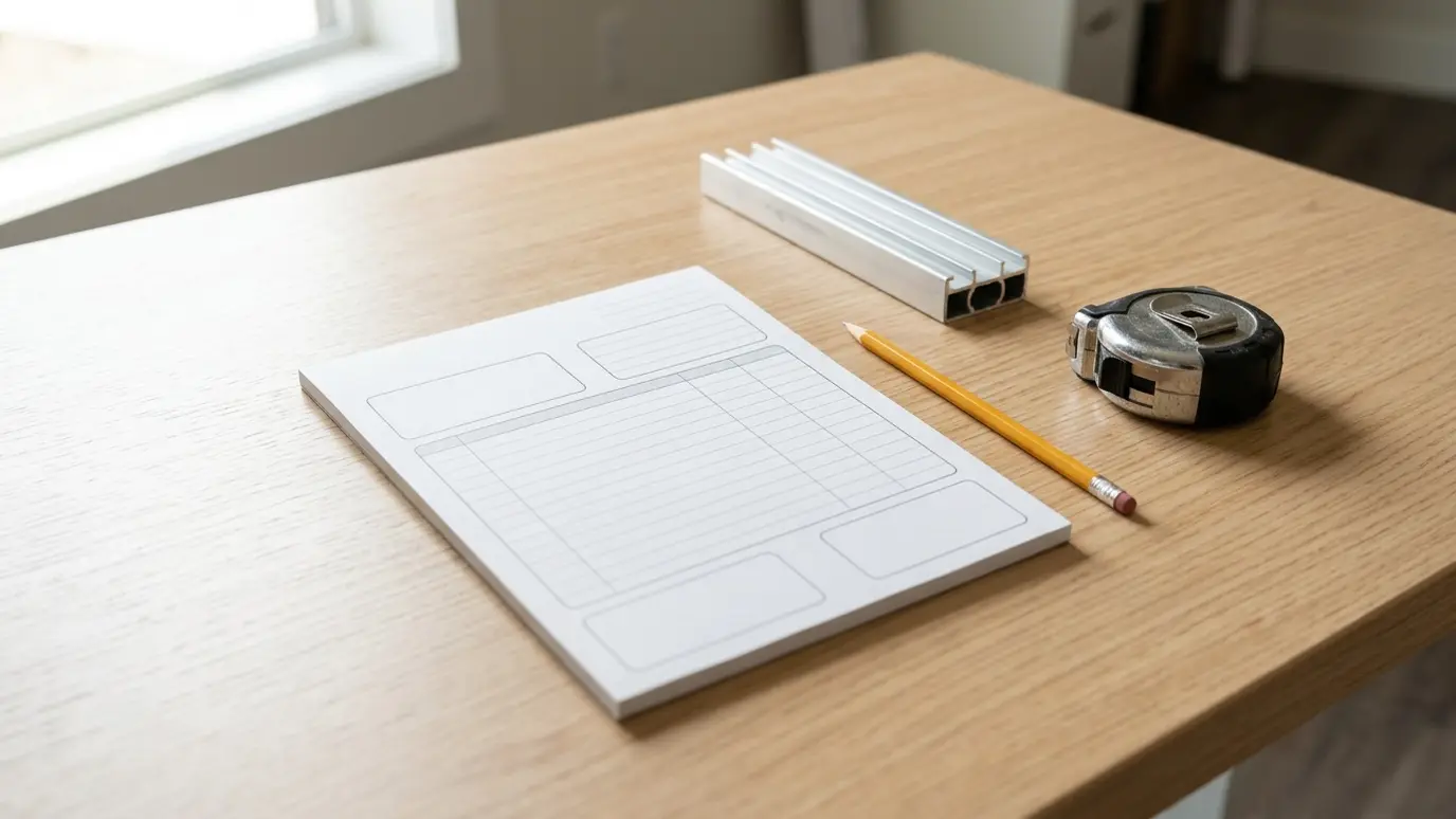 Patio screen resource guides | Music City Patio Screen A clean desk with a blank estimate pad, a pencil, a tape measure and a short aluminum screen track in bright light