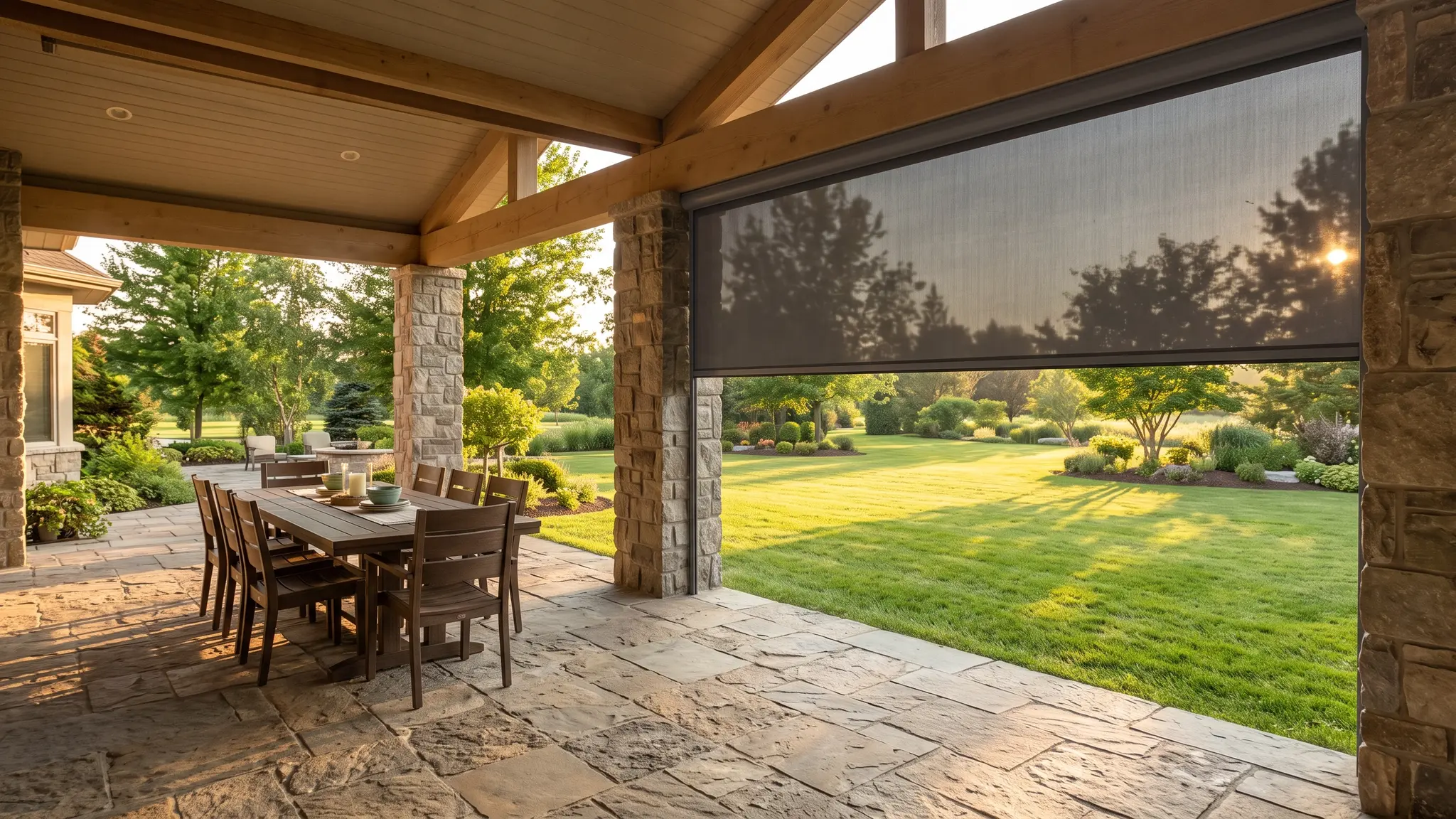 Patio screen services | Music City Patio Screen An aerial view of a Tennessee neighborhood with covered backyard patios, some with dark screens lowered, in soft morning light
