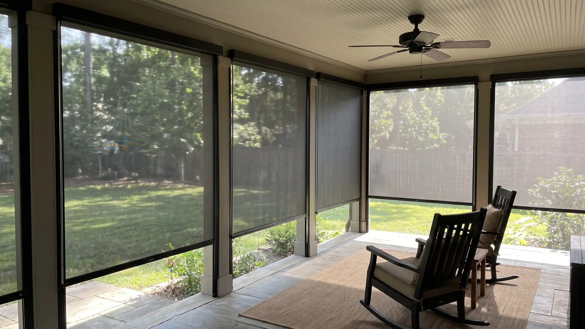Patio screen FAQ | Music City Patio Screen A covered back porch with dark charcoal roll-down screens lowered between the posts, rocking chairs and a ceiling fan in soft morning light