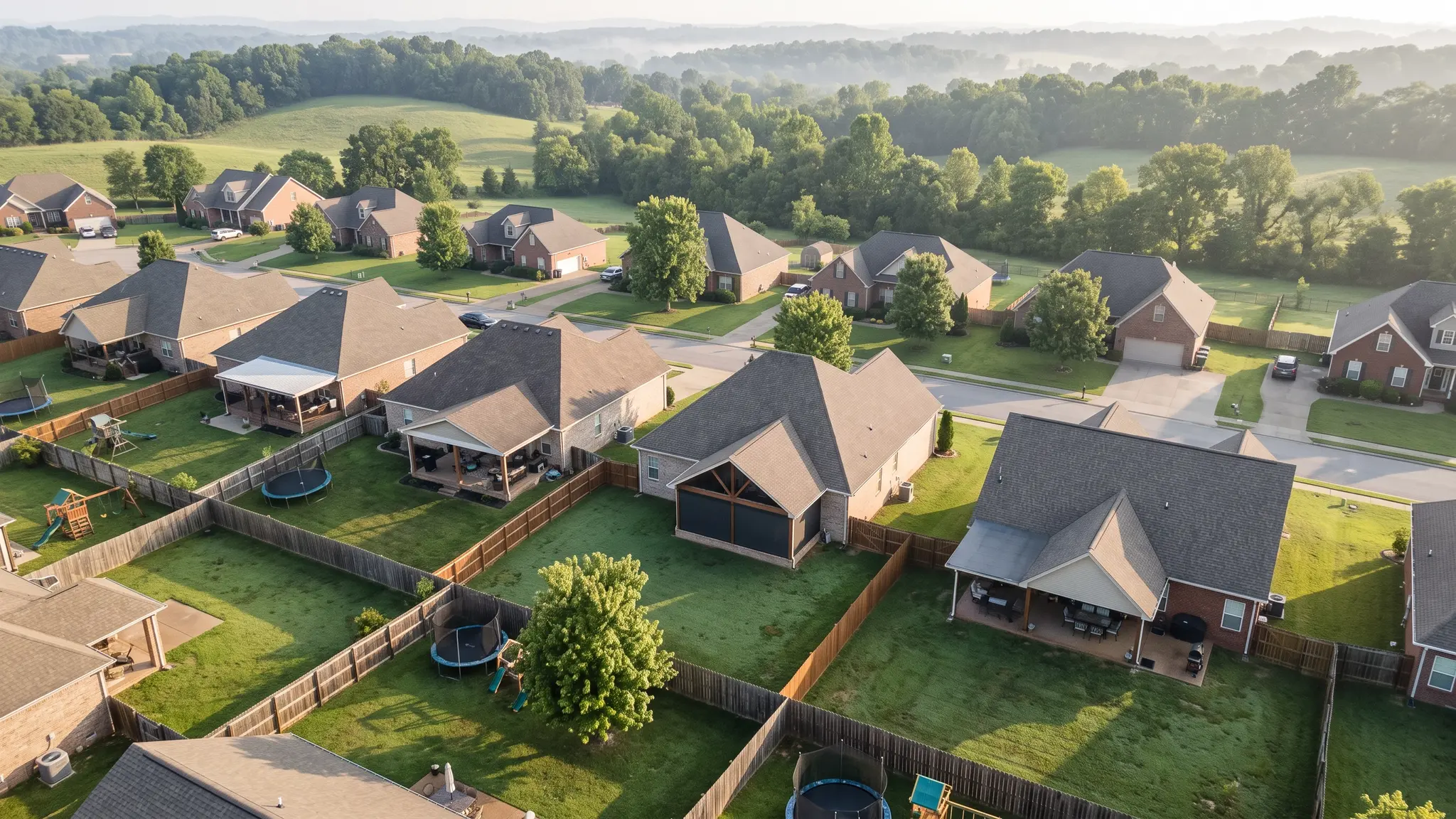 An aerial view of a Tennessee neighborhood with covered backyard patios, some with dark screens lowered, in soft morning light